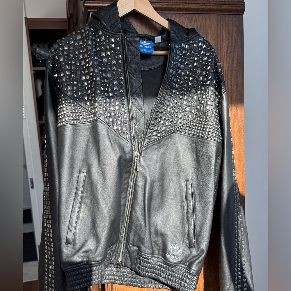 Adidas Super Rare Heavy Metal Studded Hooded Leather Zip Up Jacket.